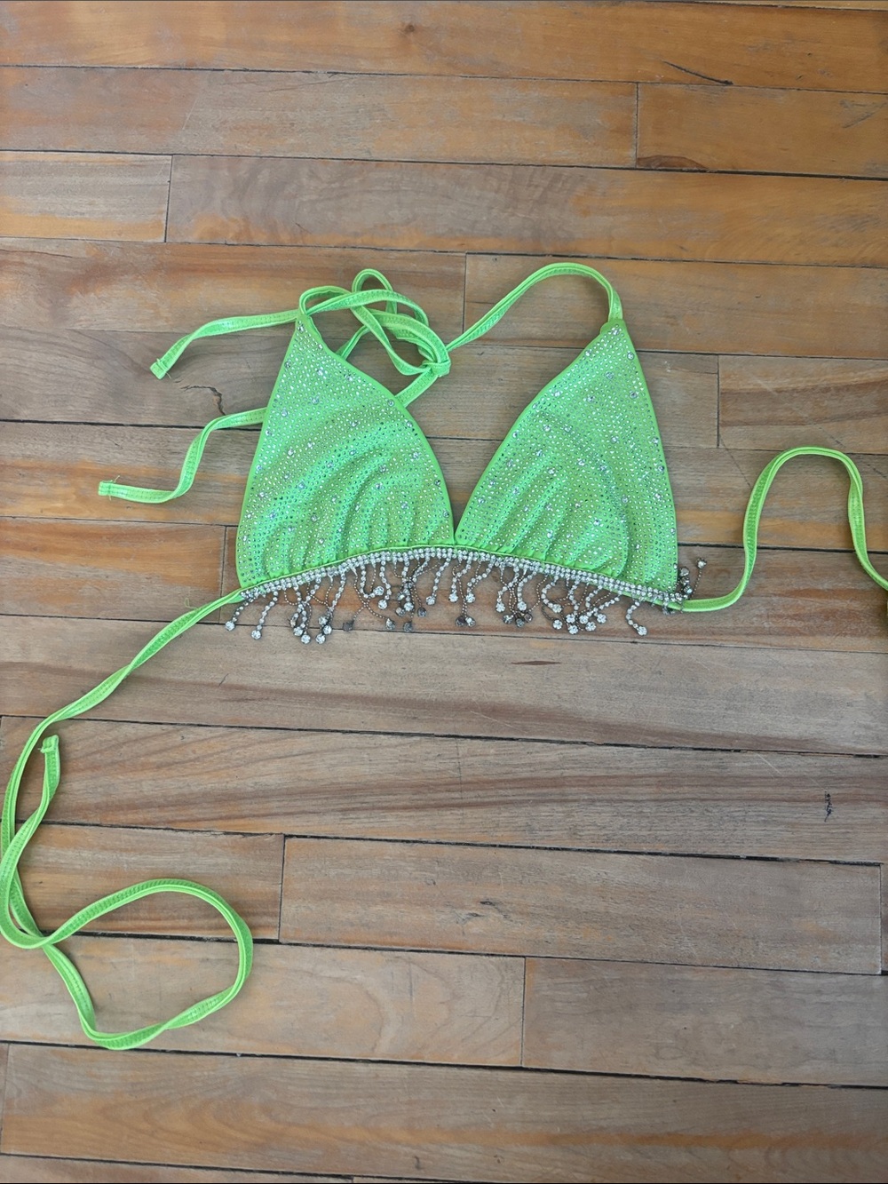 SHEIN Neon Green Rhinestone Beaded Fringe Triangle Top
